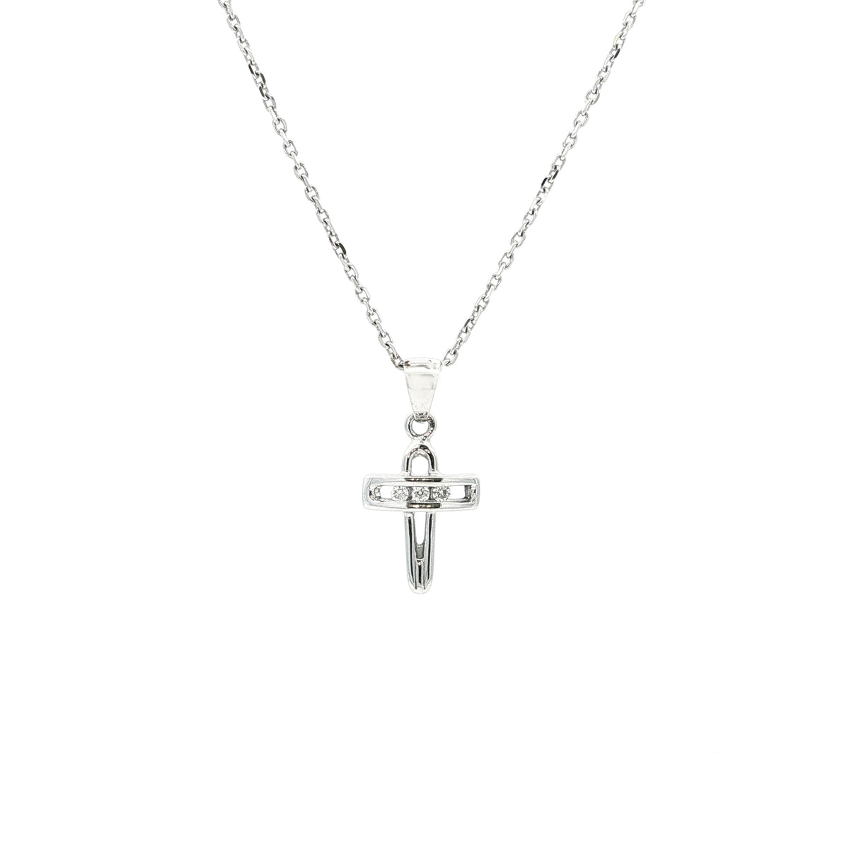 Three Stone Natural Diamond Open Cross Pendant in 18ct White Gold