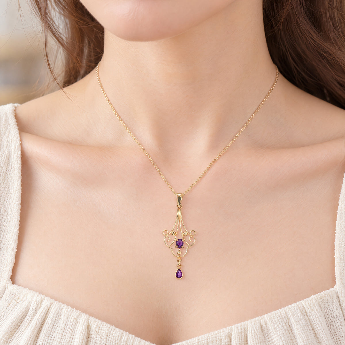 Vintage Inspired Amethyst Filigree Pendant in 9ct Yellow Gold