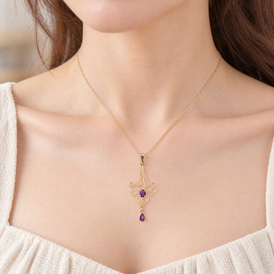 Vintage Inspired Amethyst Filigree Pendant in 9ct Yellow Gold