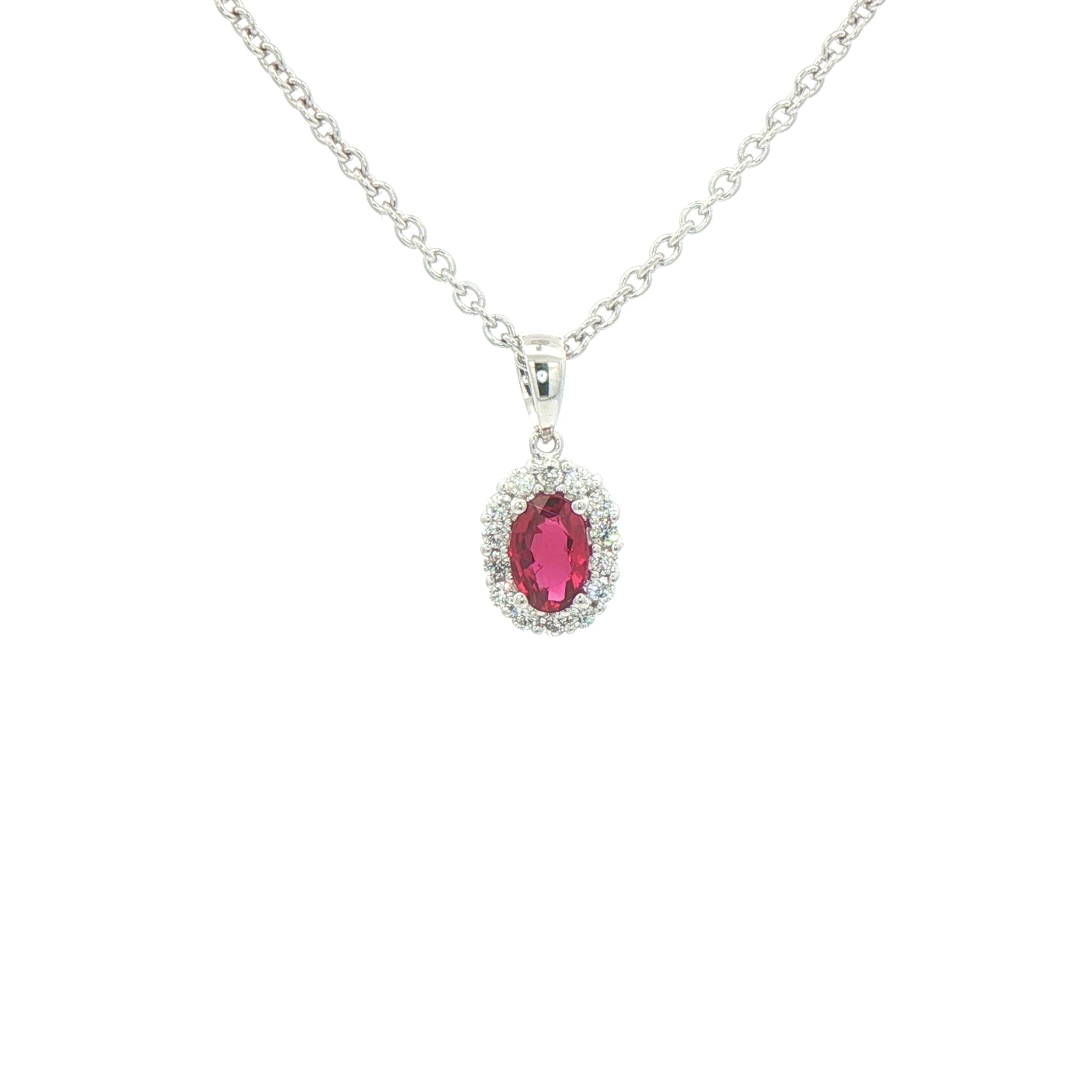 0.52ct Oval Ruby & 0.15ct Natural Diamond Halo Pendant in 18ct White Gold