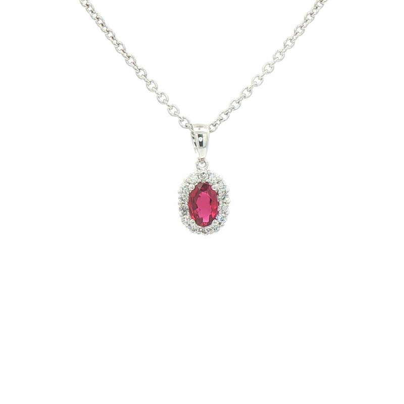 0.52ct Oval Ruby & 0.15ct Natural Diamond Halo Pendant in 18ct White Gold