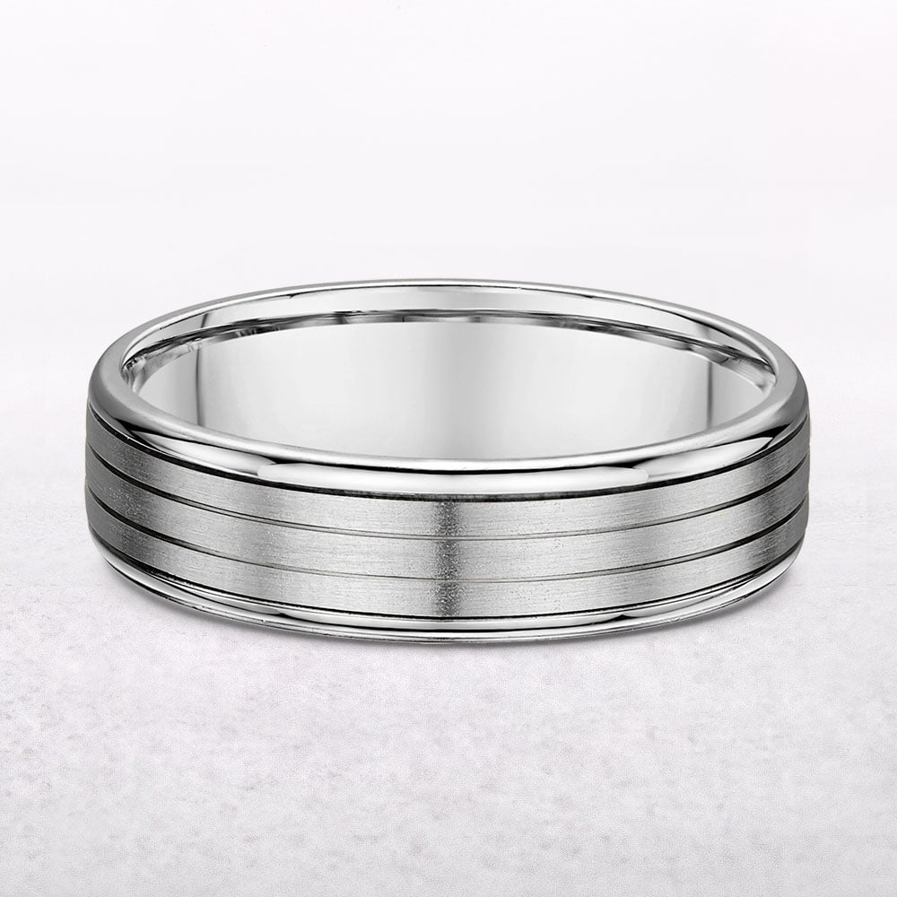 6mm 3 Row Gents Satin & Polish Fancy Wedding Band In 18ct White Gold