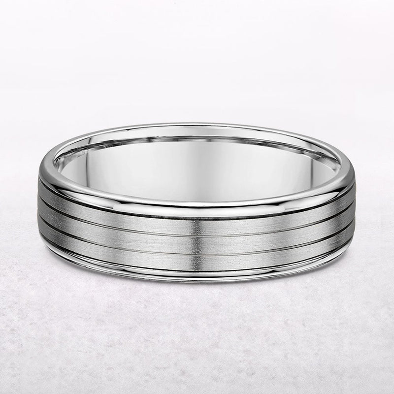 6mm 3 Row Gents Satin & Polish Fancy Wedding Band In 18ct White Gold