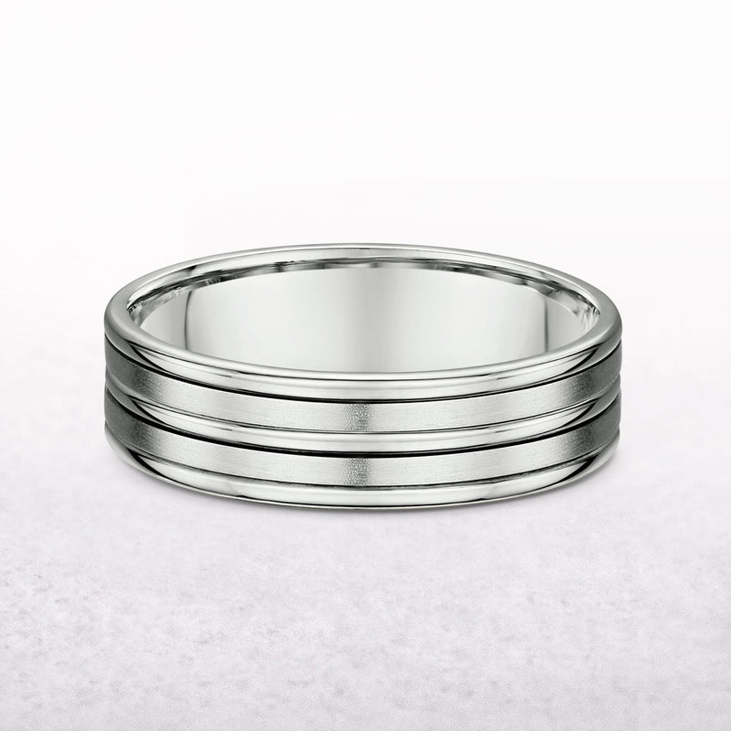 6mm 5 Row Satin & Polished Gents Fancy Wedding Band In 18ct White Gold