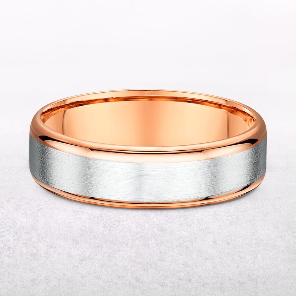 6mm Gents Satin Brushed White Gold Centre & Rose Gold Polished Edge Wedding Band In 9ct Gold