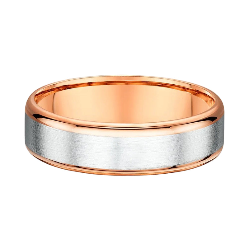 6mm Gents Satin Brushed White Gold Centre & Rose Gold Polished Edge Wedding Band In 9ct Gold