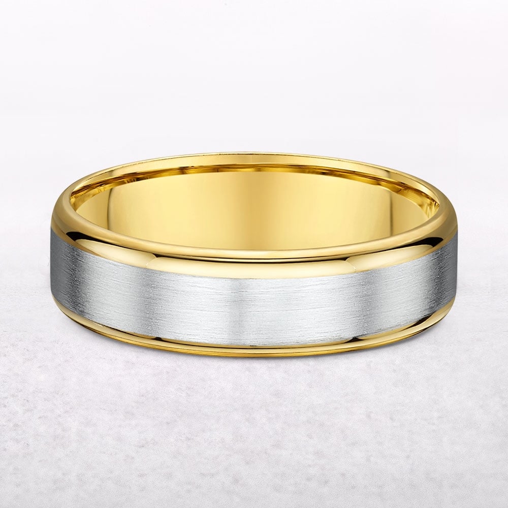 6mm Gents Satin White Gold Centre & Polished Yellow Gold Edge Wedding In 9ct Gold