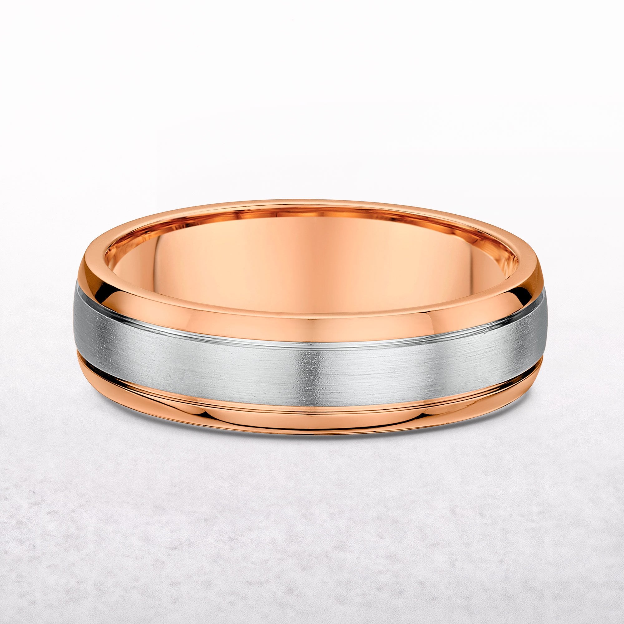 6mm Gents White Gold Satin Centre & Polished Rose Gold Edge Wedding Band In 9ct Gold
