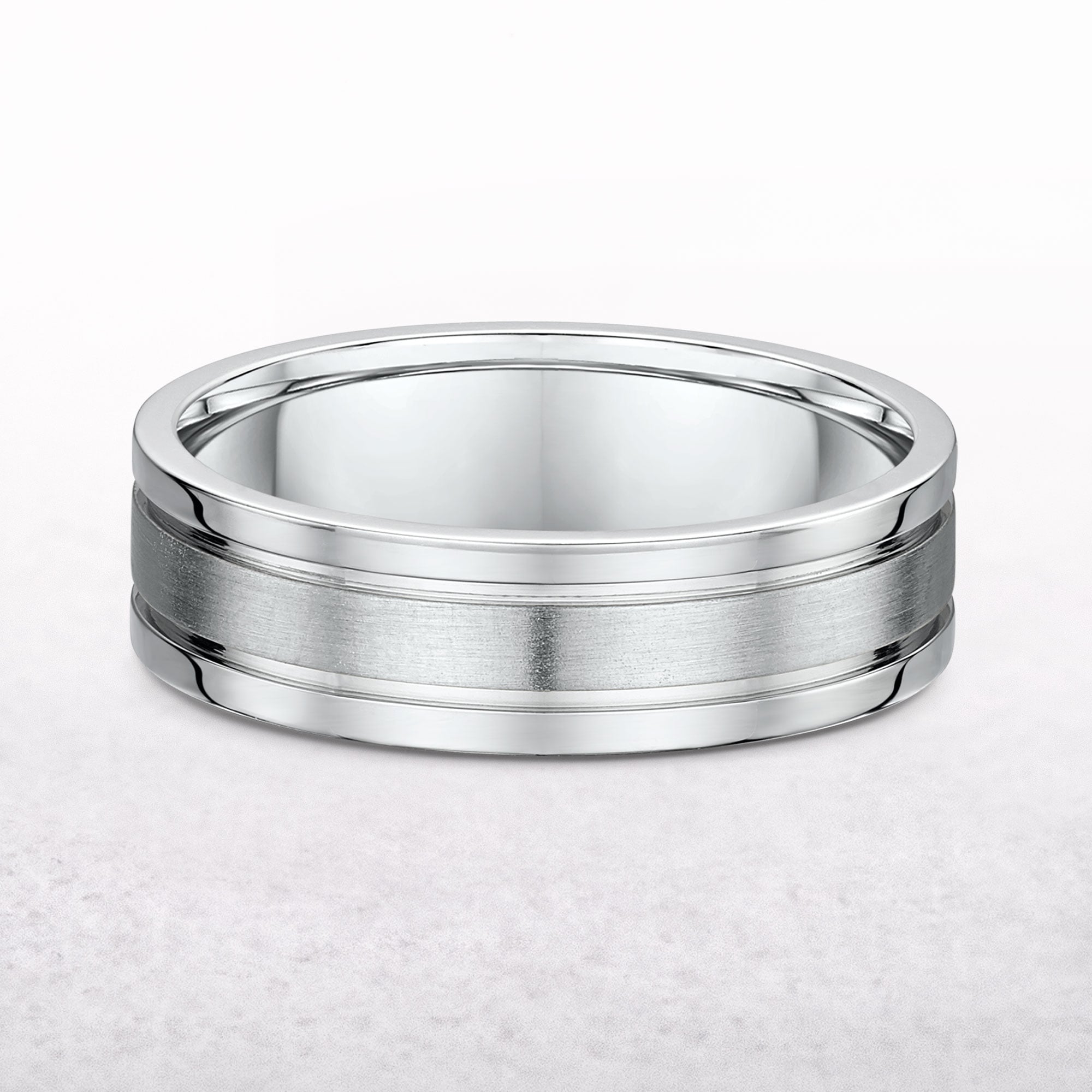 6mm Satin Centre & Polished Edge Gents Fancy Wedding Band In 9ct White Gold