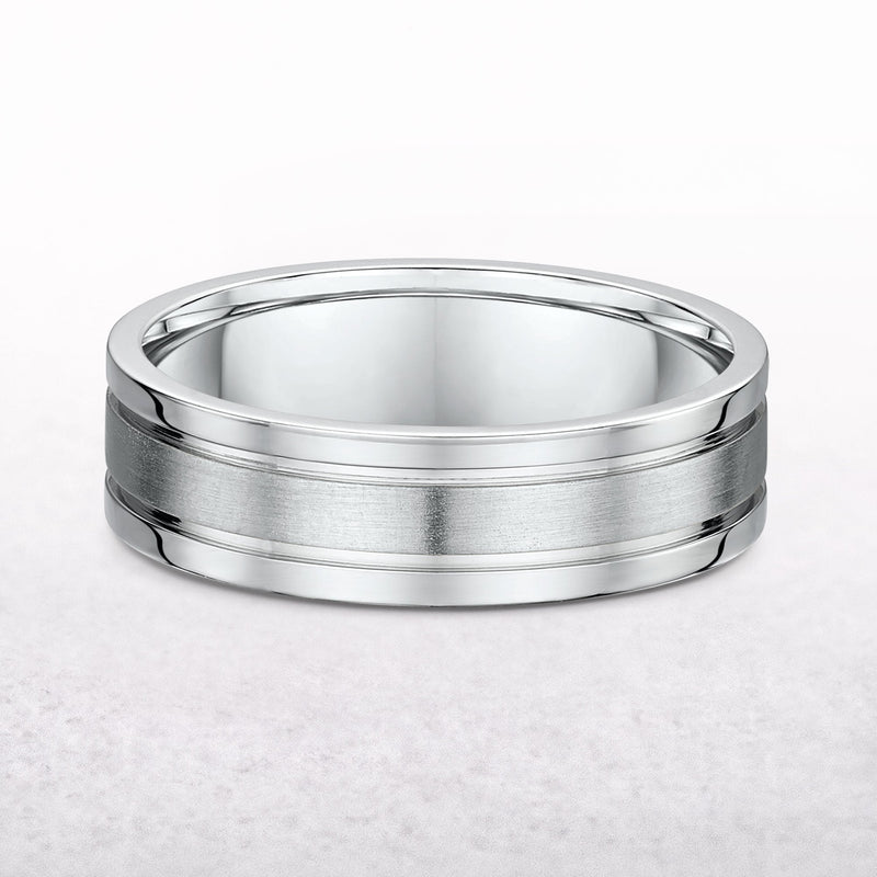 6mm Satin Centre & Polished Edge Gents Fancy Wedding Band In 9ct White Gold