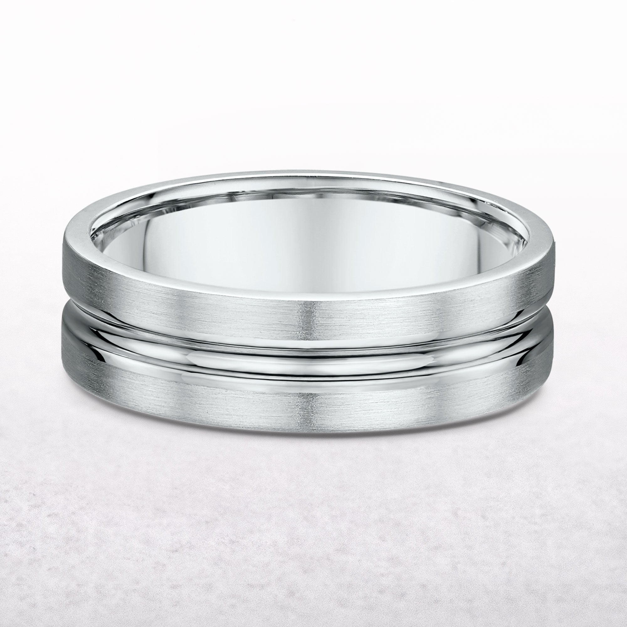 6mm Satin & Polished Unique Groove Gents Wedding Band In 18ct White Gold