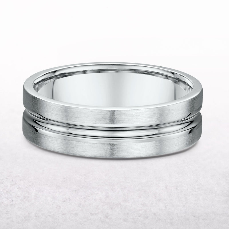 6mm Satin & Polished Unique Groove Gents Wedding Band In 18ct White Gold