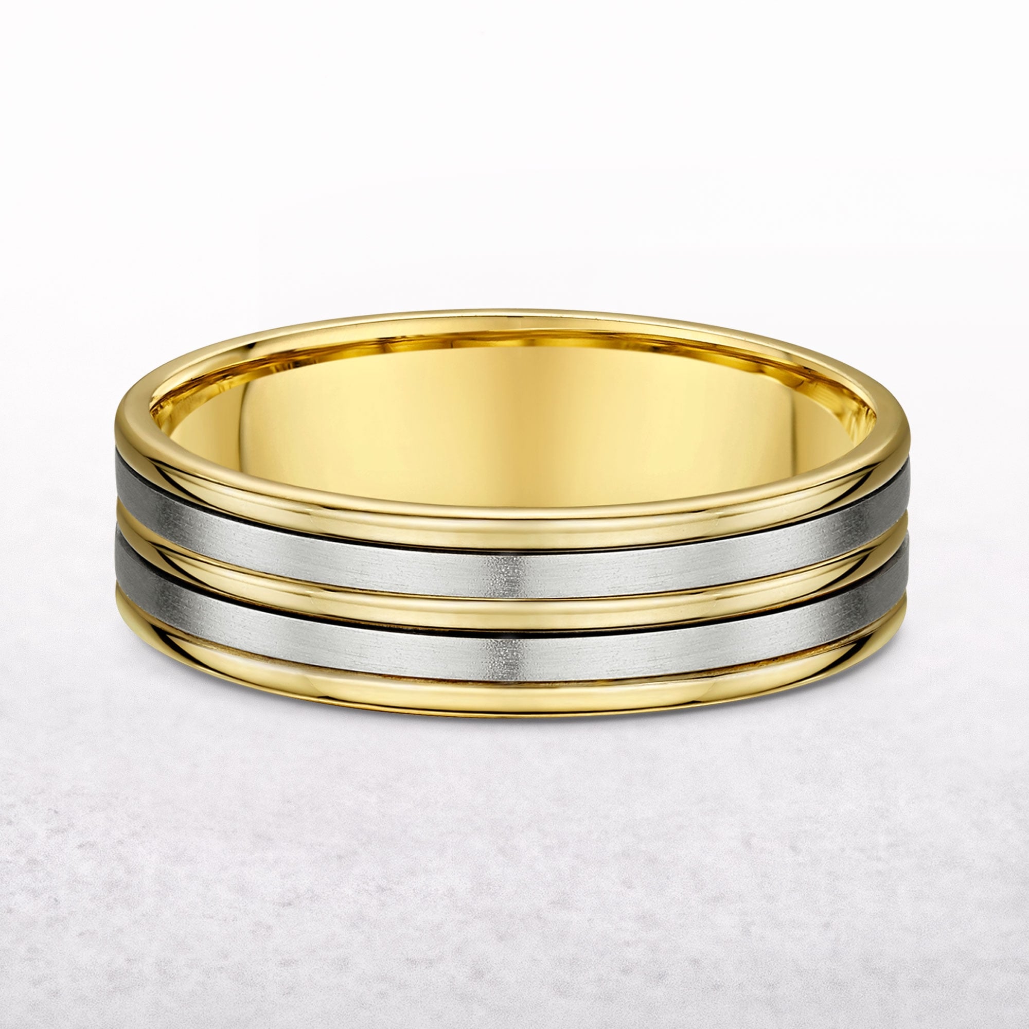6mm Two Tone 5 Row Gents Satin & Polished Wedding Band In 9ct Gold