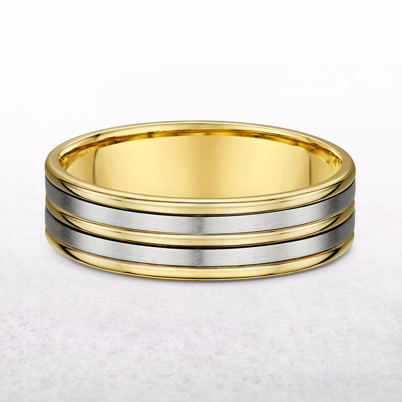 6mm Two Tone 5 Row Gents Satin & Polished Wedding Band In 9ct Gold