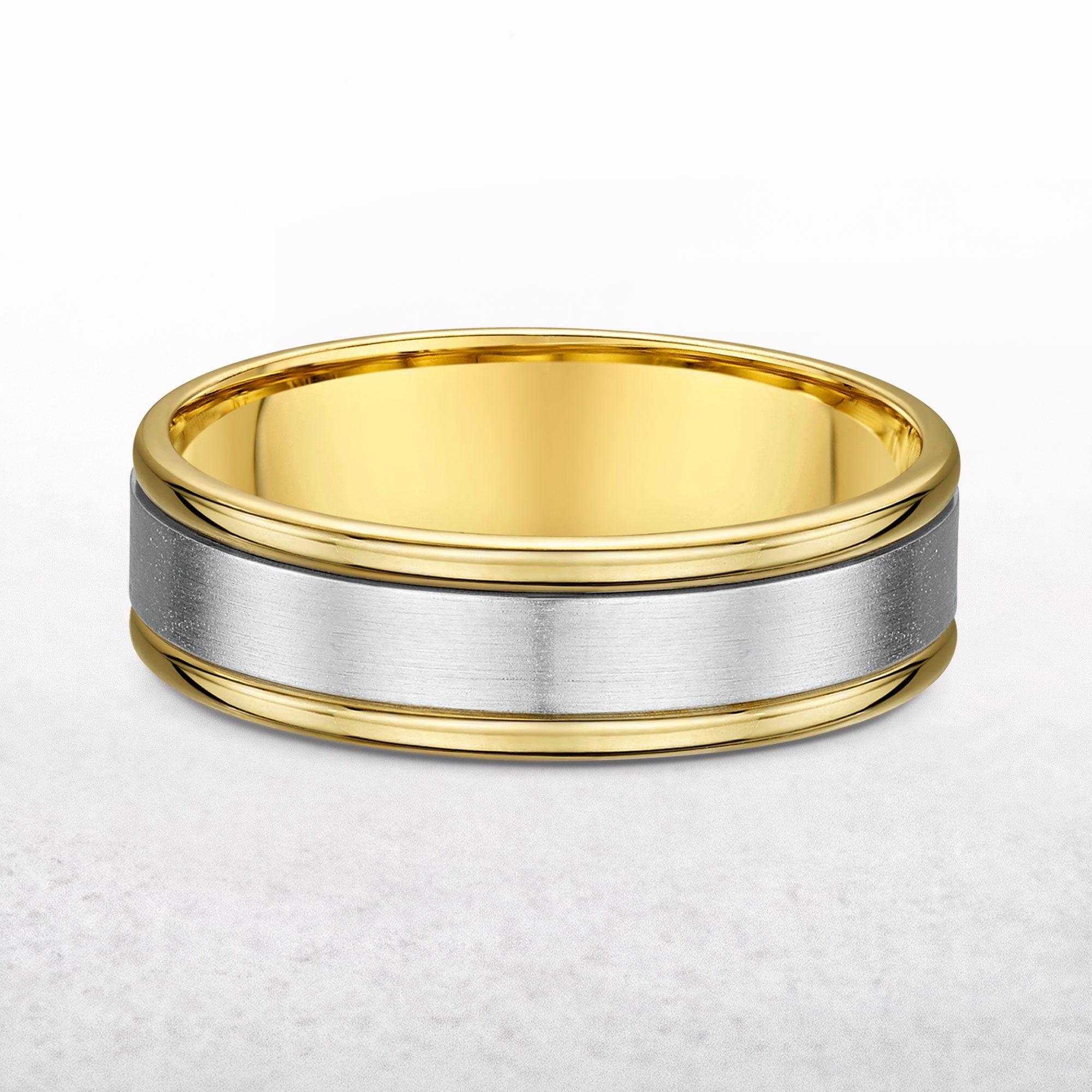 6mm Two Tone Gents Raised Edge & Satin Centre Wedding Band In 9ct Gold