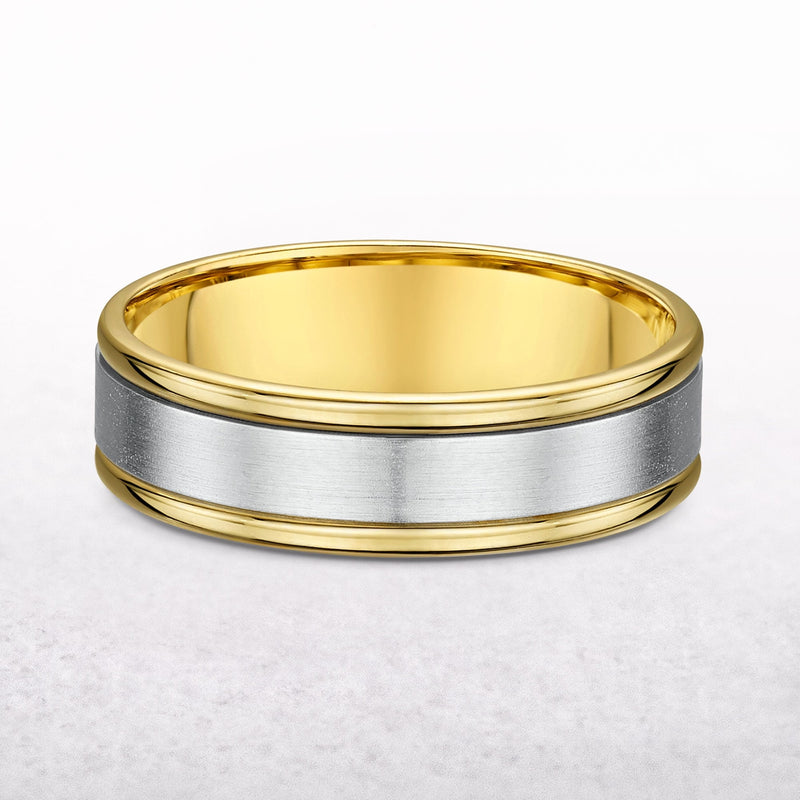 6mm Two Tone Gents Raised Edge & Satin Centre Wedding Band In 9ct Gold