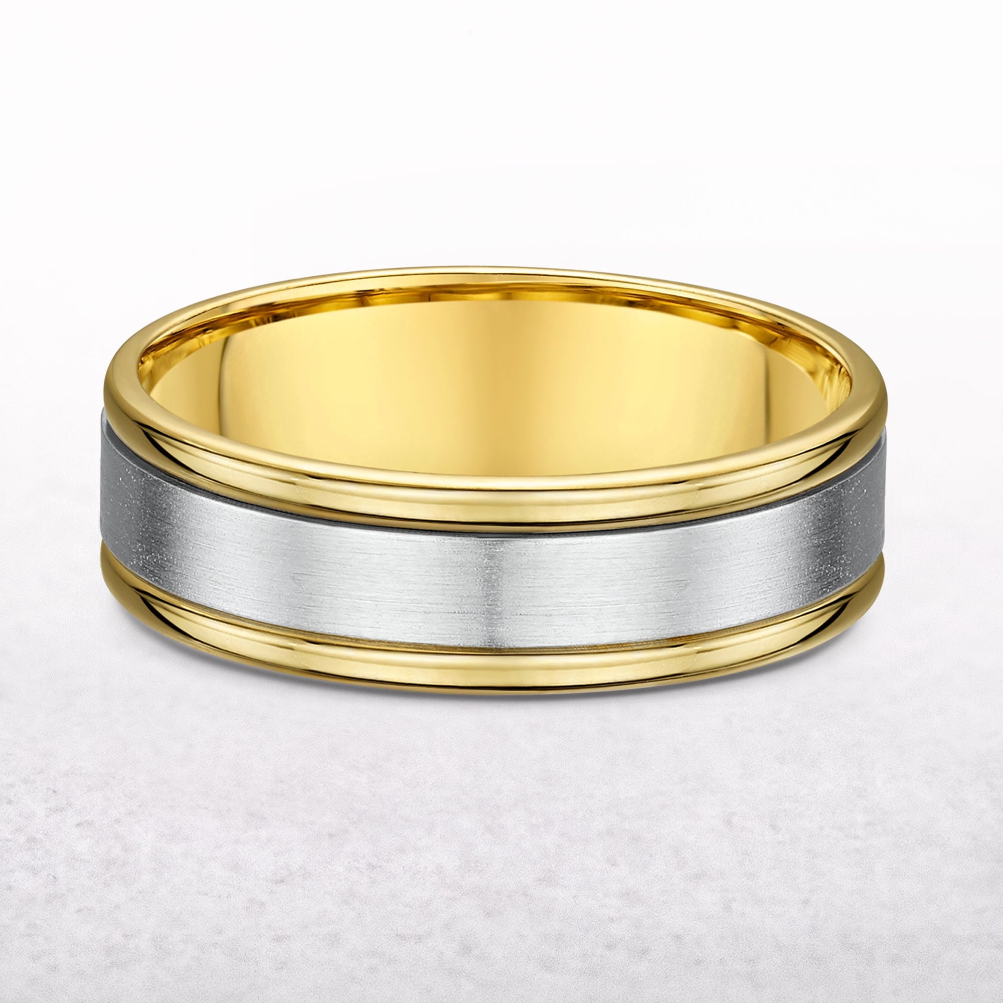 6mm Two Tone Gents White Gold Centre & Yellow Gold Edge Wedding Band In 18ct Gold