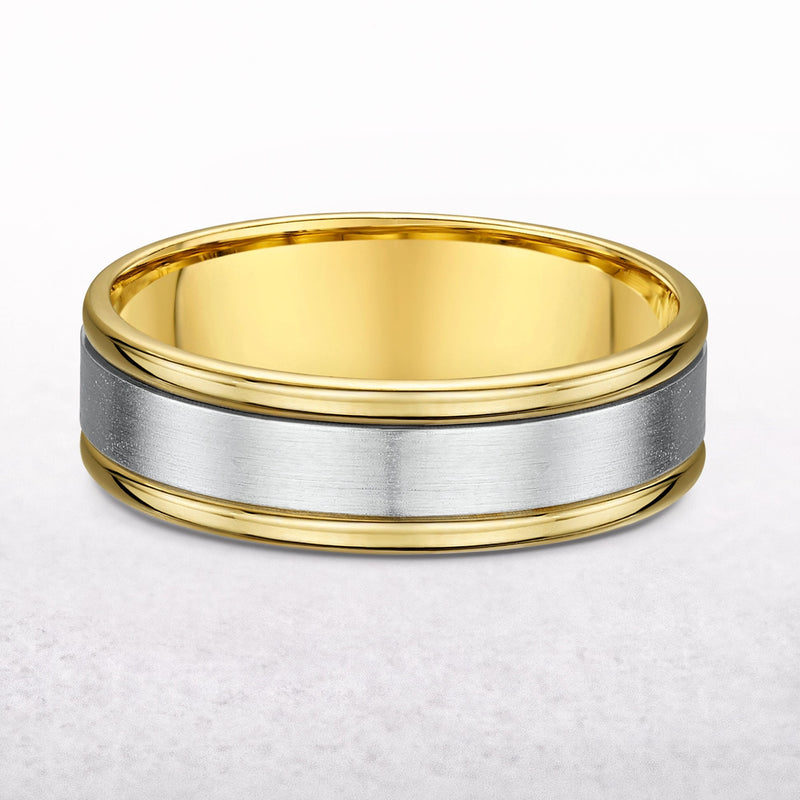 6mm Two Tone Gents White Gold Centre & Yellow Gold Edge Wedding Band In 18ct Gold