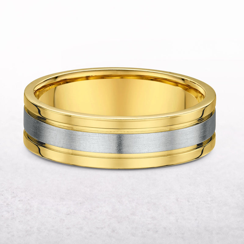 6mm Two Tone Gents White Gold Centre & Yellow Gold Edge Wedding Band In 18ct Gold