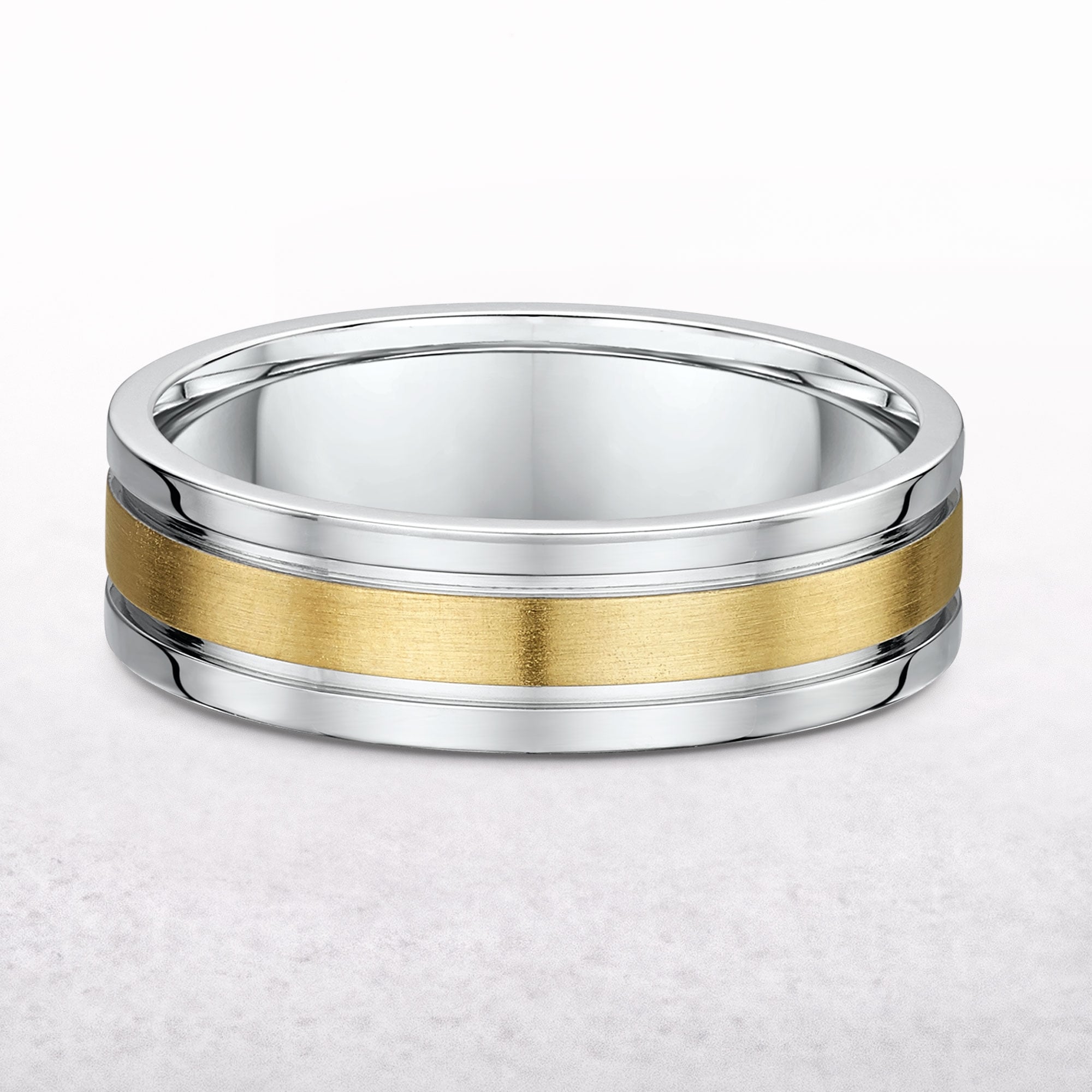 6mm Two Tone Gents Yellow Gold Satin Centre & White Gold Polished Edge Wedding Band In 18ct Gold