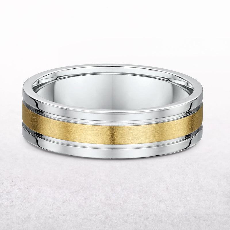 6mm Two Tone Gents Yellow Gold Satin Centre & White Gold Polished Edge Wedding Band In 18ct Gold
