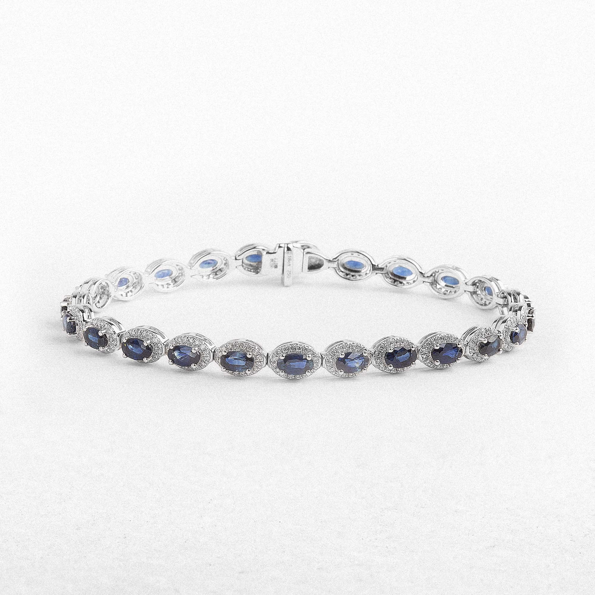 7.23ct Oval Sapphire & 1.22ct Natural Diamond Halo Cluster Bracelet in 18ct White Gold