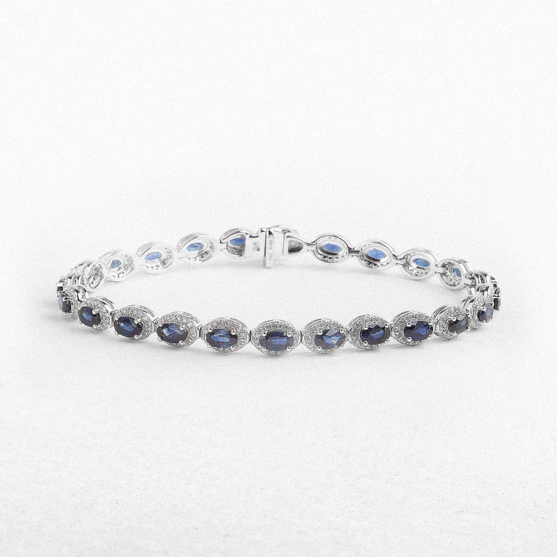 7.23ct Oval Sapphire & 1.22ct Natural Diamond Halo Cluster Bracelet in 18ct White Gold