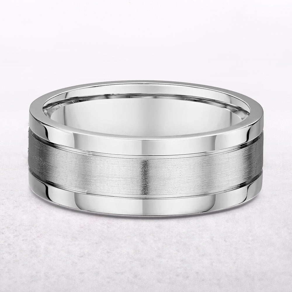 7mm 3 Row Satin & Polished Gents Wedding Band In 18ct White Gold