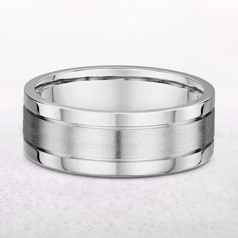 7mm 3 Row Satin & Polished Gents Wedding Band In 18ct White Gold