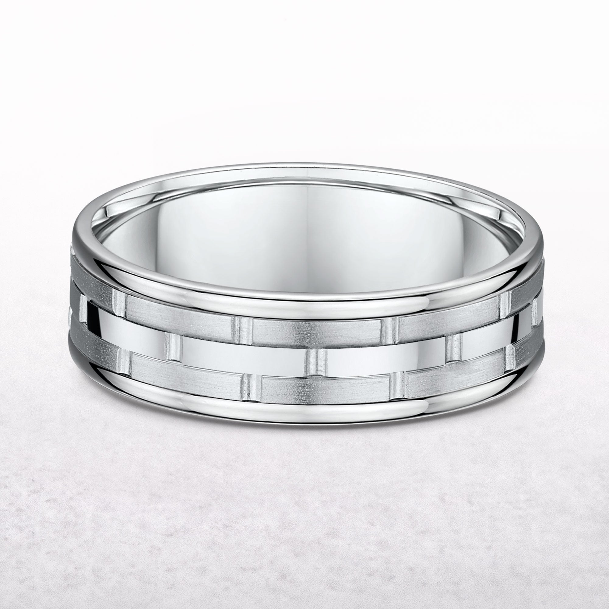 7mm 3 Rows Matt & Polished Gents Fancy Wedding Band In 18ct White Gold