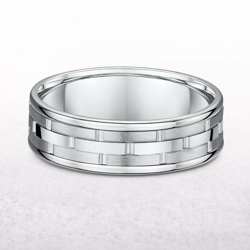 7mm 3 Rows Matt & Polished Gents Fancy Wedding Band In 18ct White Gold