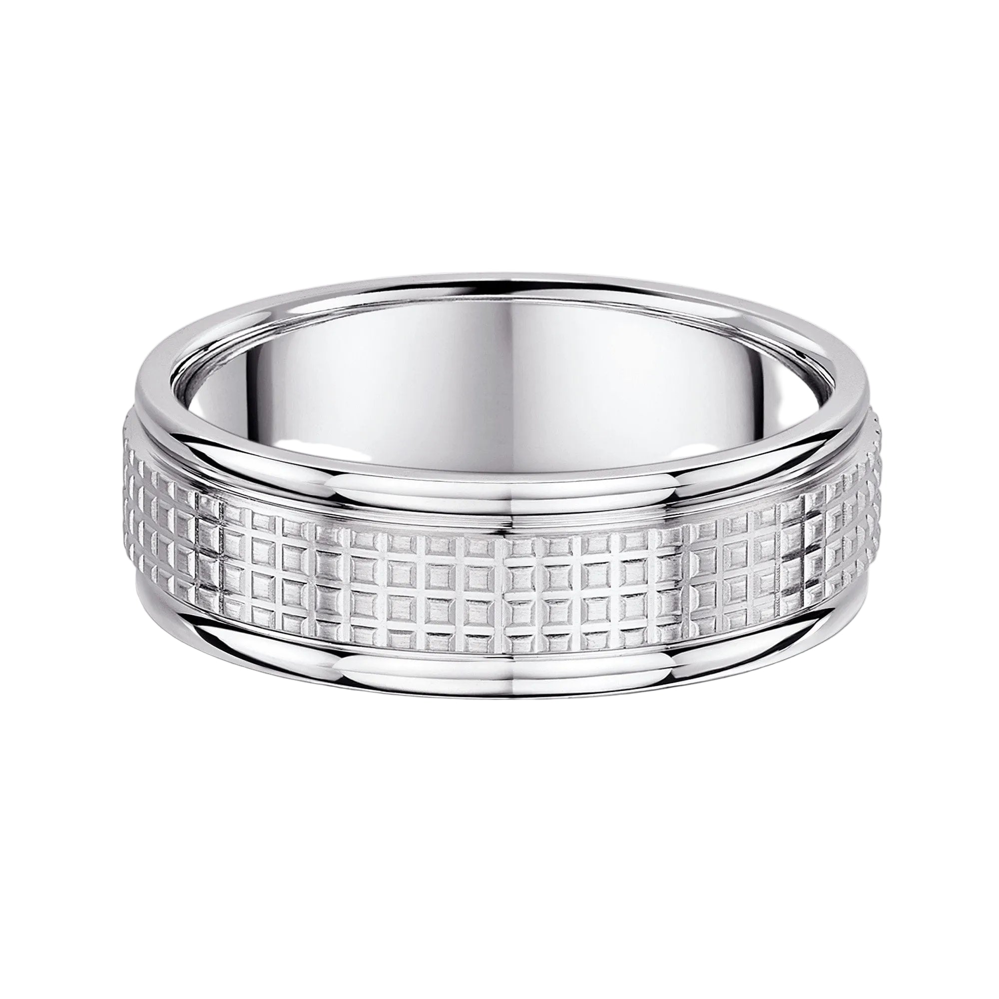7mm Gents Fancy Edged Square Pattern Centre Wedding Band In 9ct White Gold