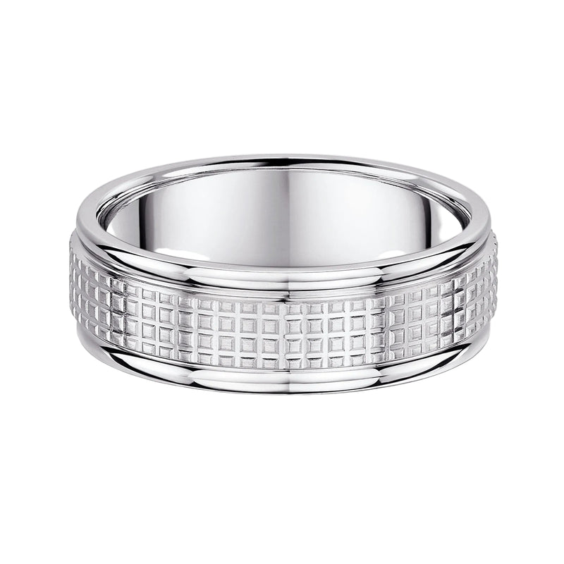7mm Gents Fancy Edged Square Pattern Centre Wedding Band In 9ct White Gold