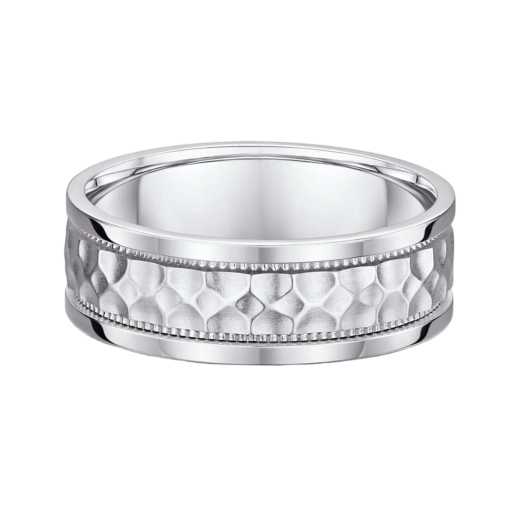 7mm Gents Satin Hammer Textured Centre & Polished Edge Wedding Band In 9ct White Gold