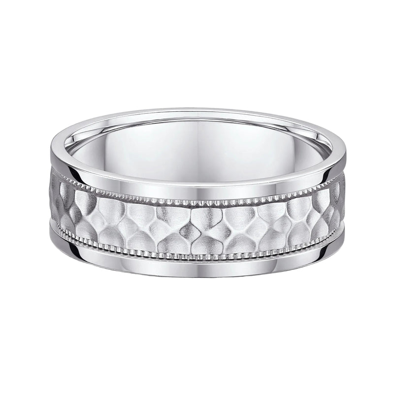7mm Gents Satin Hammer Textured Centre & Polished Edge Wedding Band In 9ct White Gold