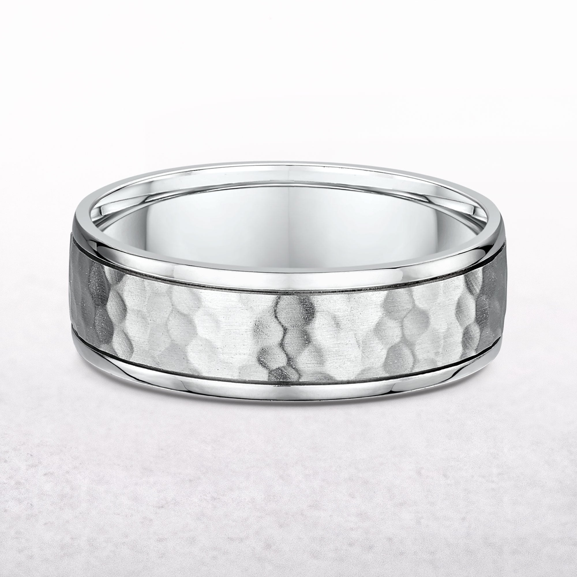 7mm Hammered Texture Centre & Polished Edge Gents In 9ct White Gold