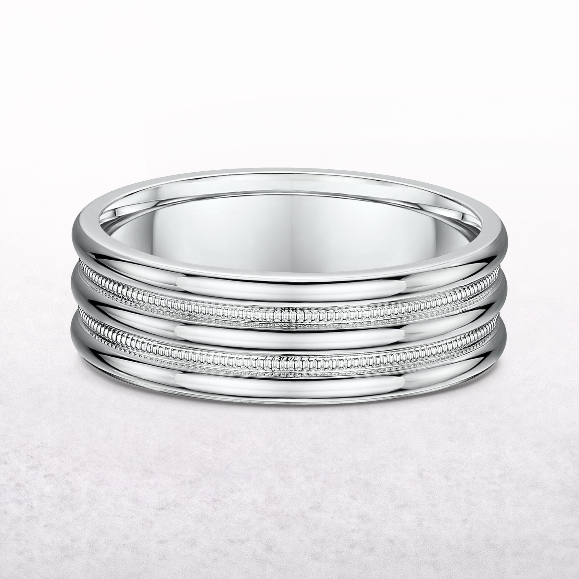 7mm Polished & Textured Detail Gents Fancy Wedding Band In 9ct White Gold