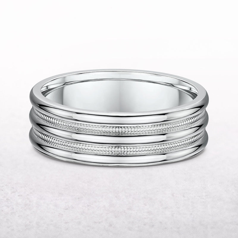 7mm Polished & Textured Detail Gents Fancy Wedding Band In 9ct White Gold