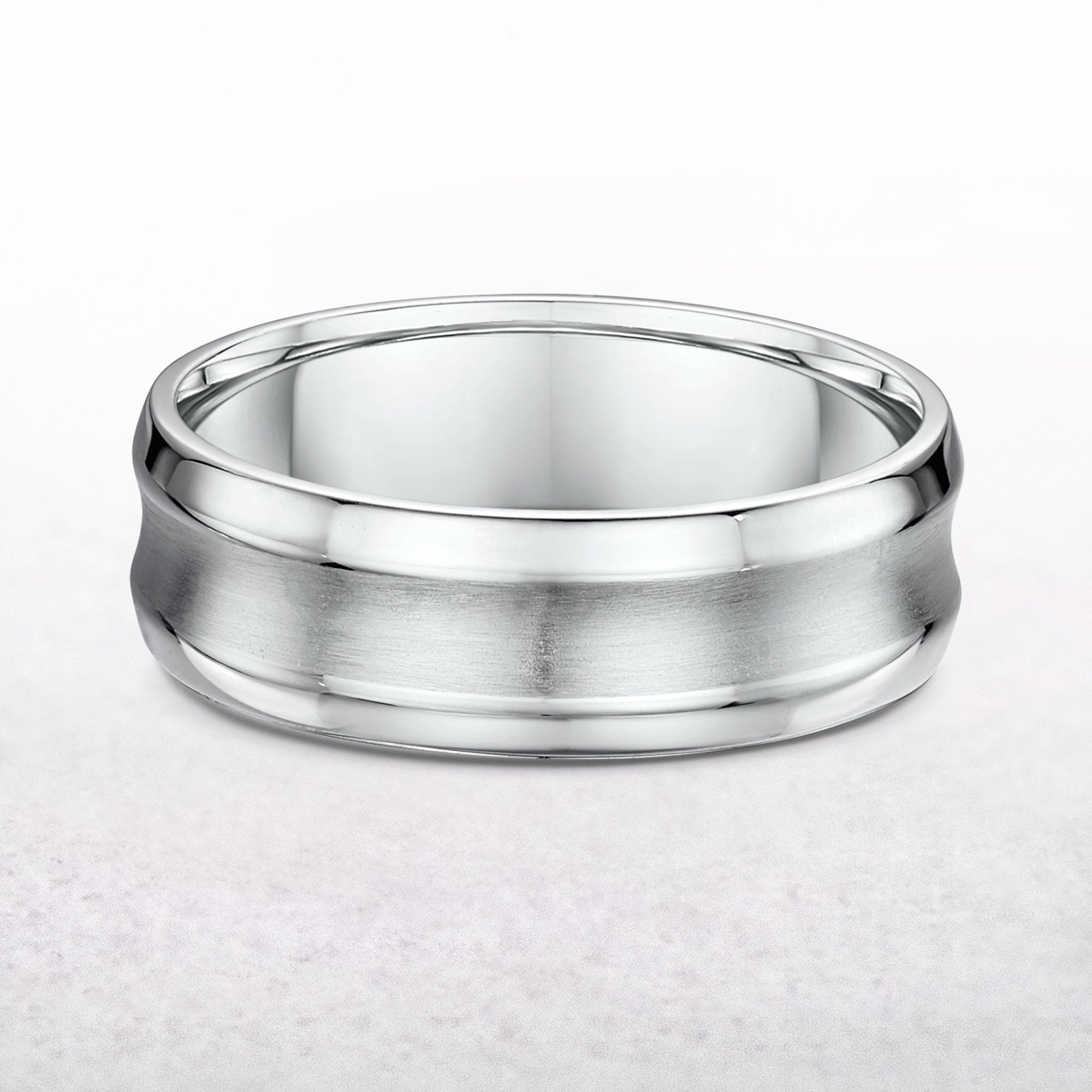 7mm Satin & Polished Con Cave Gents Wedding Band In 9ct White Gold