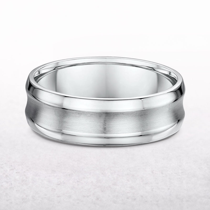 7mm Satin & Polished Con Cave Gents Wedding Band In 9ct White Gold