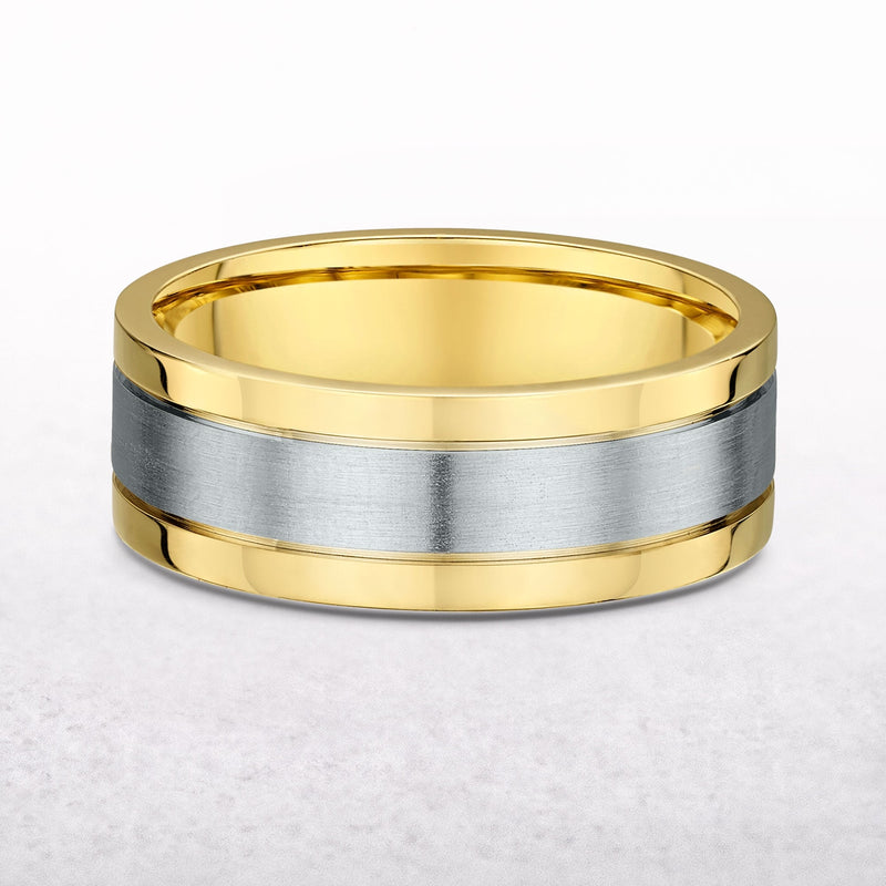 7mm Two Tone Gents Flat Edge Wedding Band In 18ct Gold