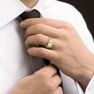 7mm Two Tone Gents Flat Edge Wedding Band In 18ct Gold