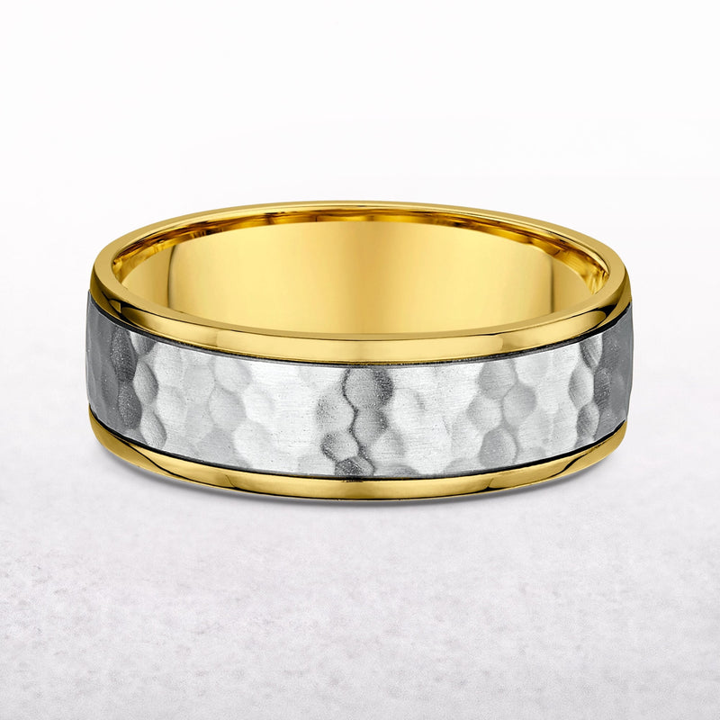 7mm Two Tone Gents Hammer Finish & Polished Edge Wedding Band In 9ct Gold