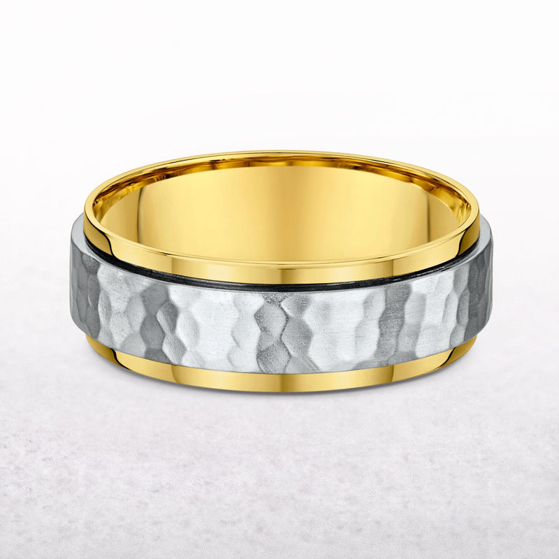 7mm Two Tone Gents Raised Hammer Finish & Polished Edge Centre Wedding Band In 9ct Gold