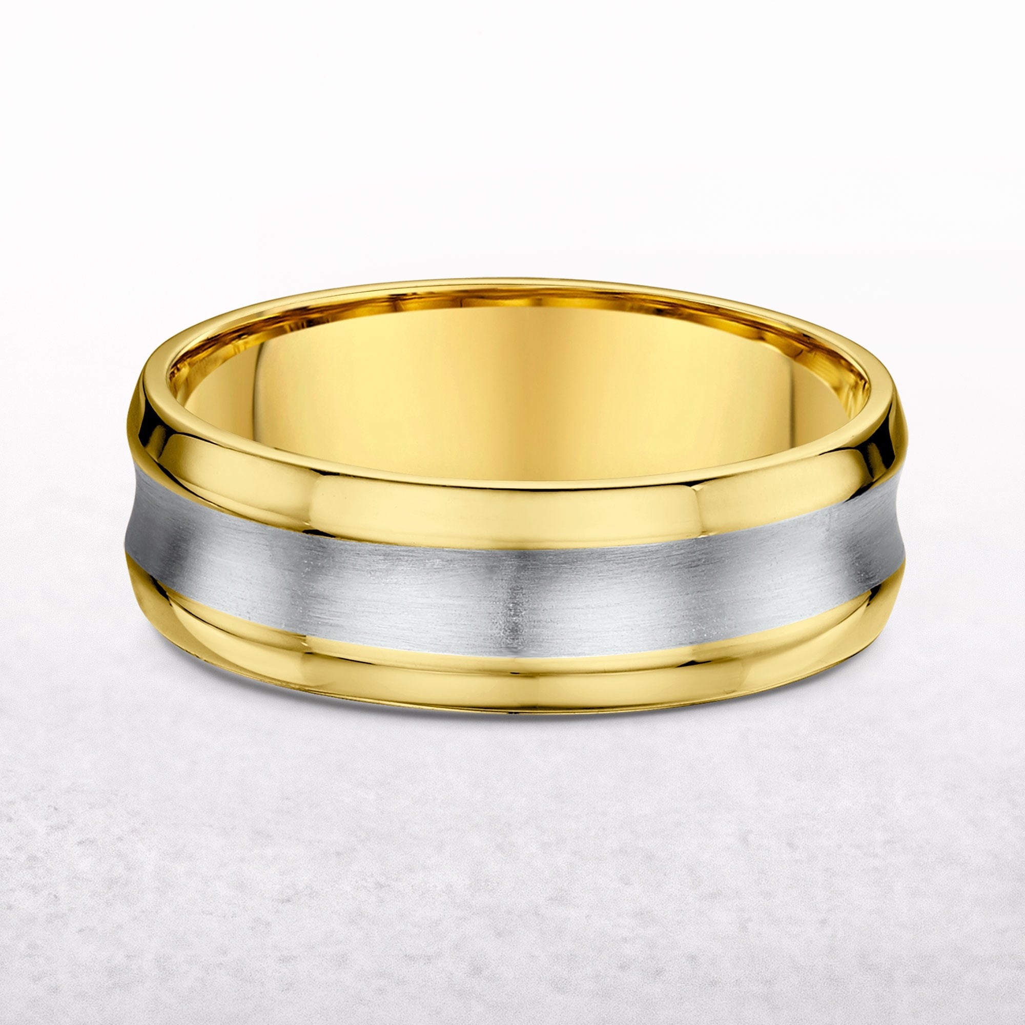 7mm Two Tone Gents Satin & Polished Con Cave Wedding Band In 9ct Gold