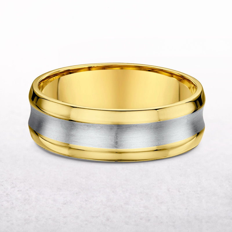 7mm Two Tone Gents Satin & Polished Con Cave Wedding Band In 9ct Gold