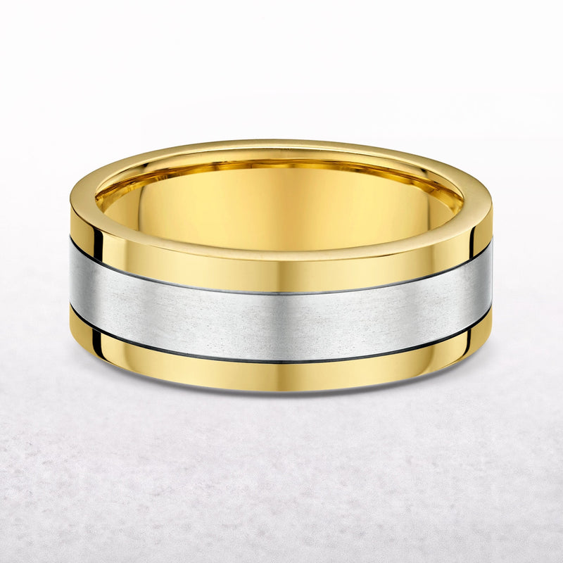 7mm Two Tone Gents Satin & Polished Wedding Band In 9ct Gold