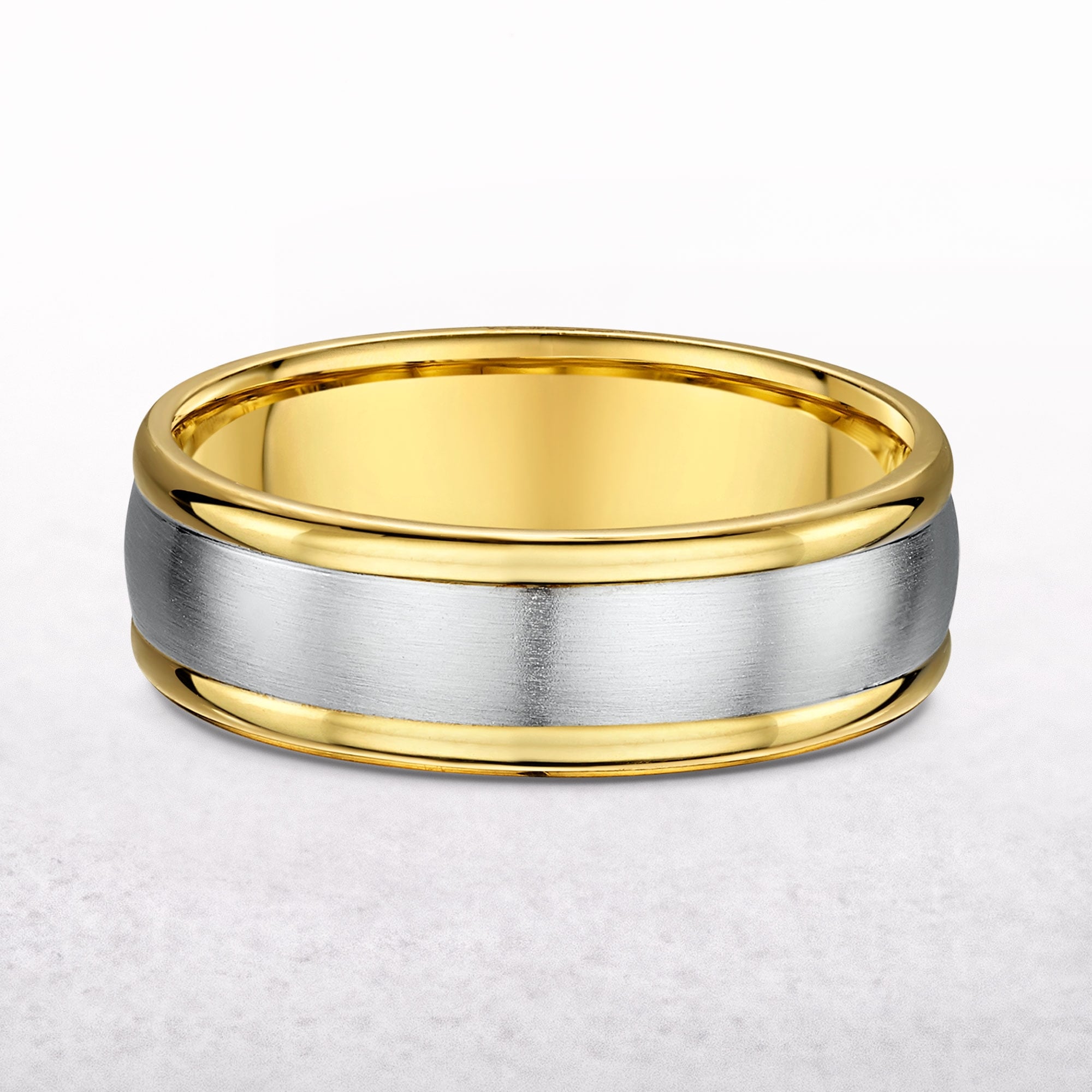 7mm Two Tone Gents White Gold Satin Centre & Yellow Gold Polished Edge Wedding Band In 9ct Gold