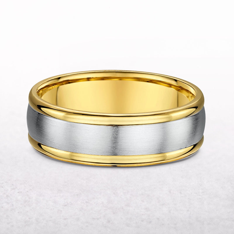 7mm Two Tone Gents White Gold Satin Centre & Yellow Gold Polished Edge Wedding Band In 9ct Gold
