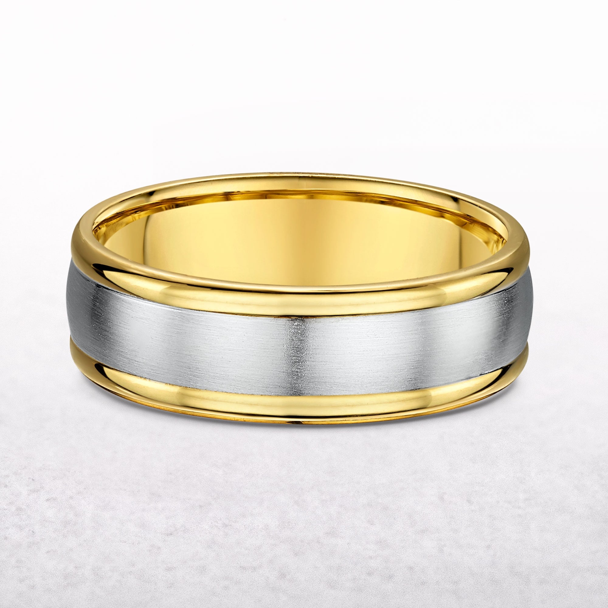 7mm Two Tone Gents White Gold Satin Centre & Yellow Gold Polished Edge Wedding Band In 9ct Gold